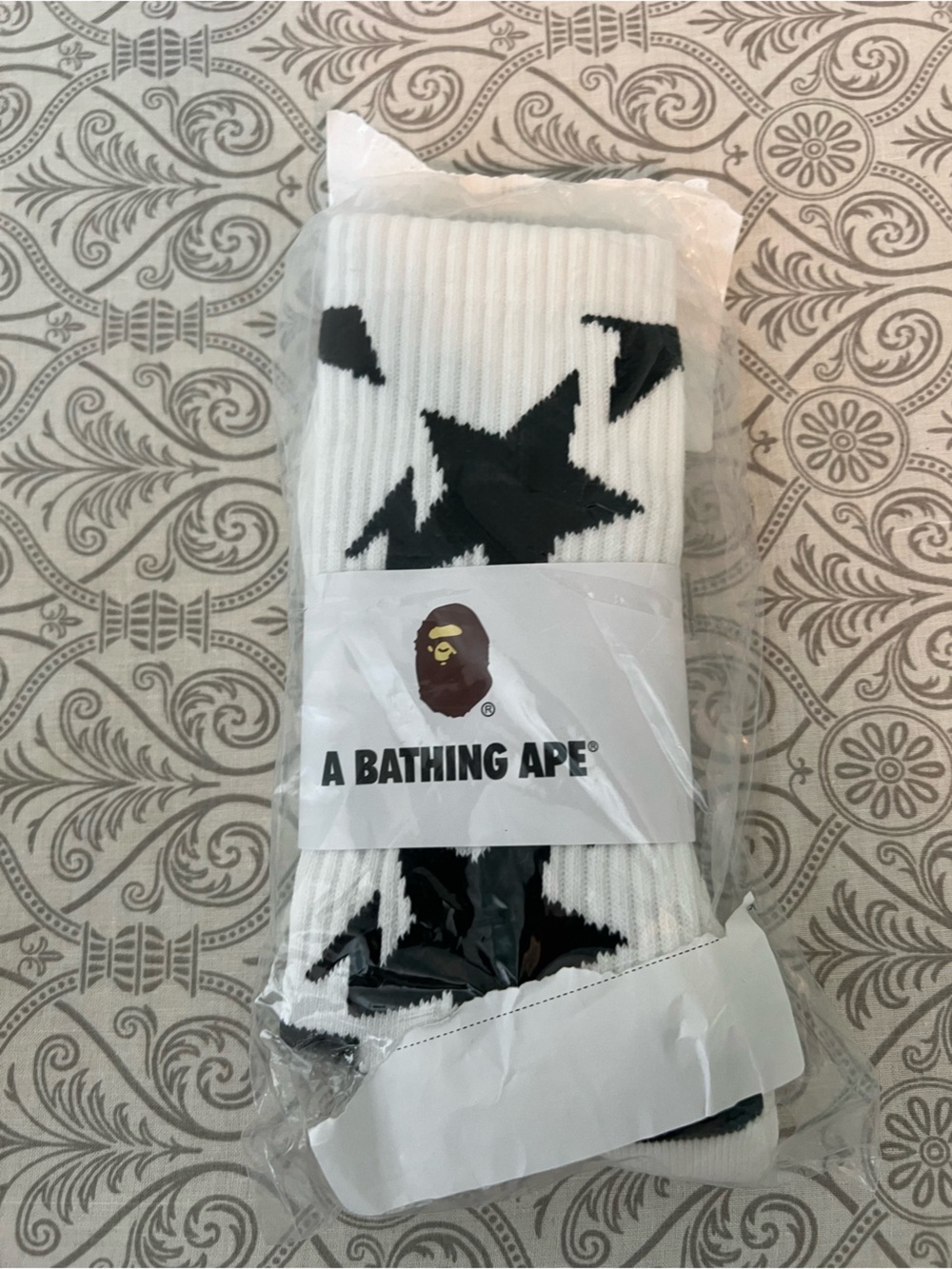 Bape White Crew Socks with Black Star Logo